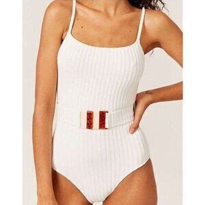 Solid & Striped The Nina Belt Ribbed White One Piece Swimsuit Size Medium